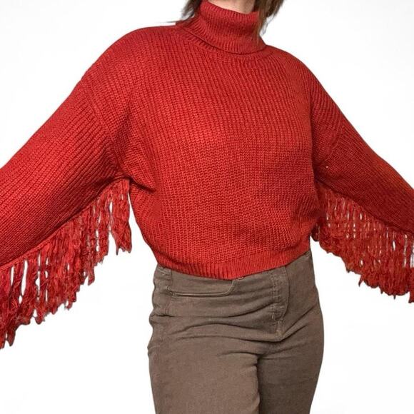 Red Fringe Turtleneck Cropped Ribbed Knit Sweater Sz L Western Cottage Cowgirl - Picture 1 of 7